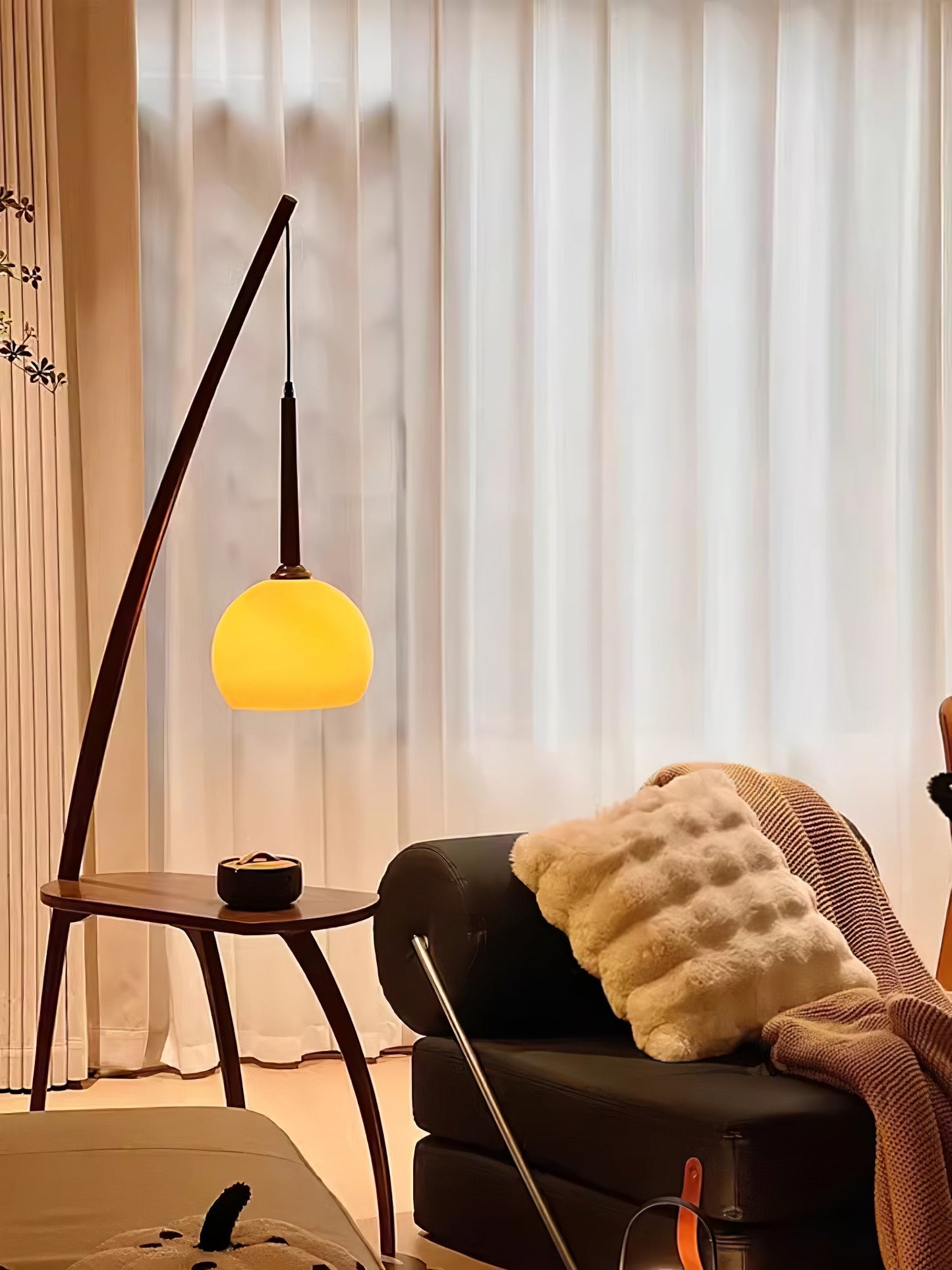 Arc Sphere Floor Lamp with Wooden Arc and Glass Globe
