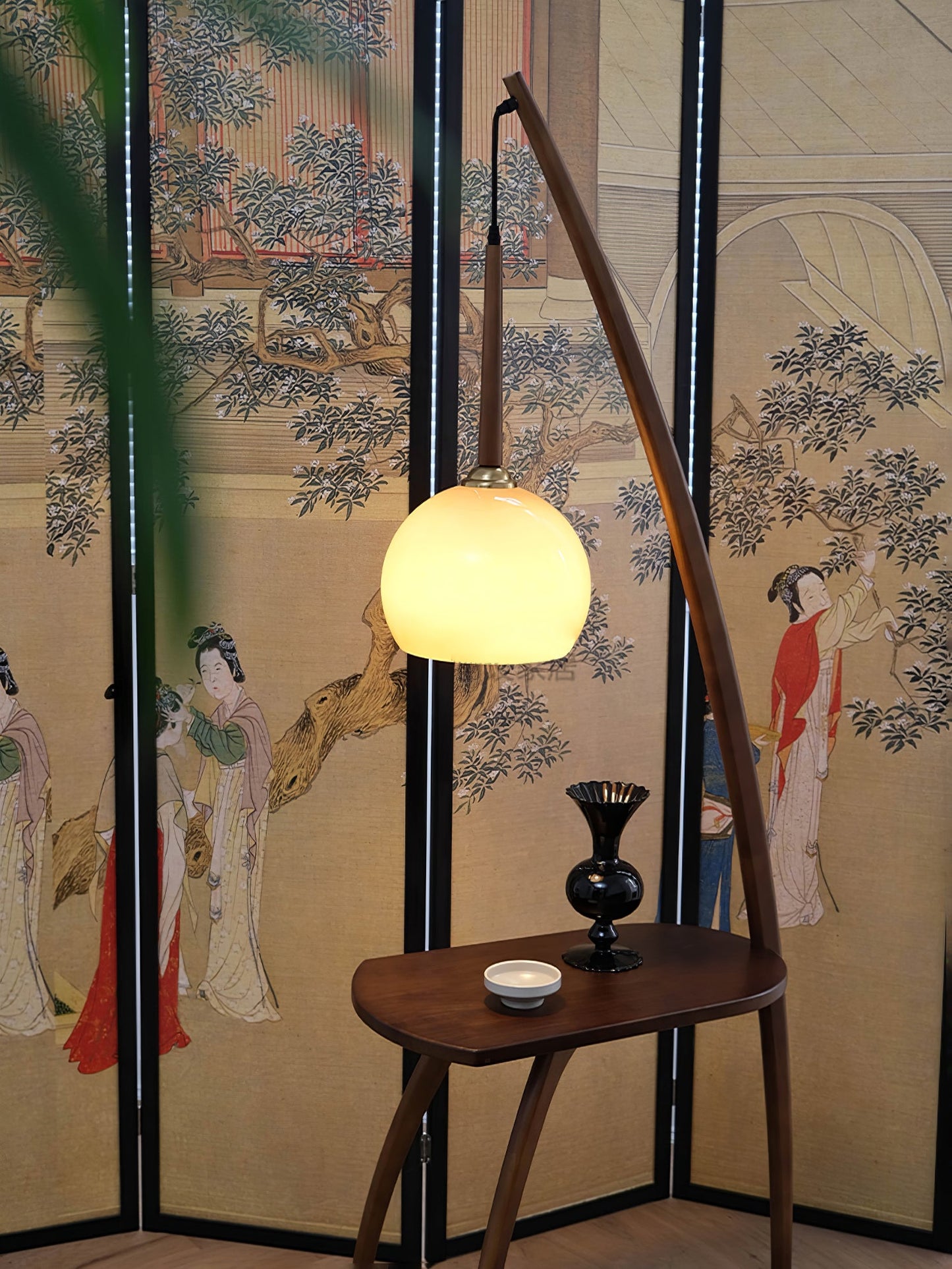 Arc Sphere Floor Lamp with Wooden Arc and Glass Globe