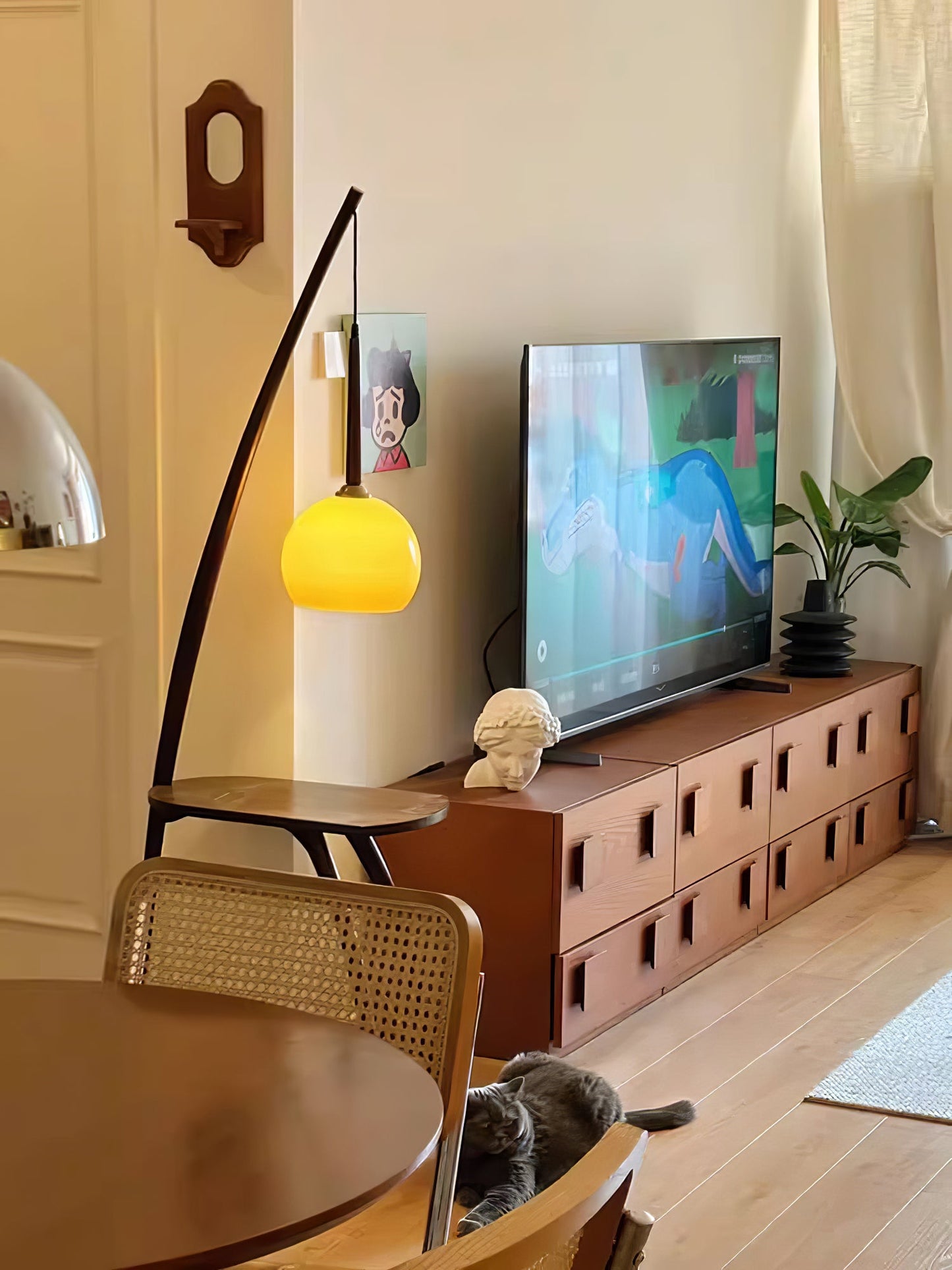 Arc Sphere Floor Lamp with Wooden Arc and Glass Globe
