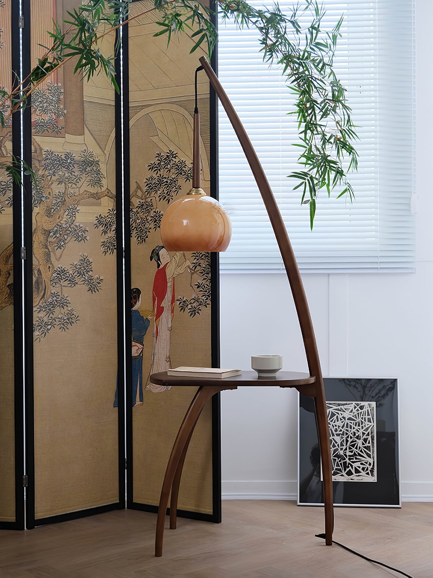 Arc Sphere Floor Lamp with Wooden Arc and Glass Globe