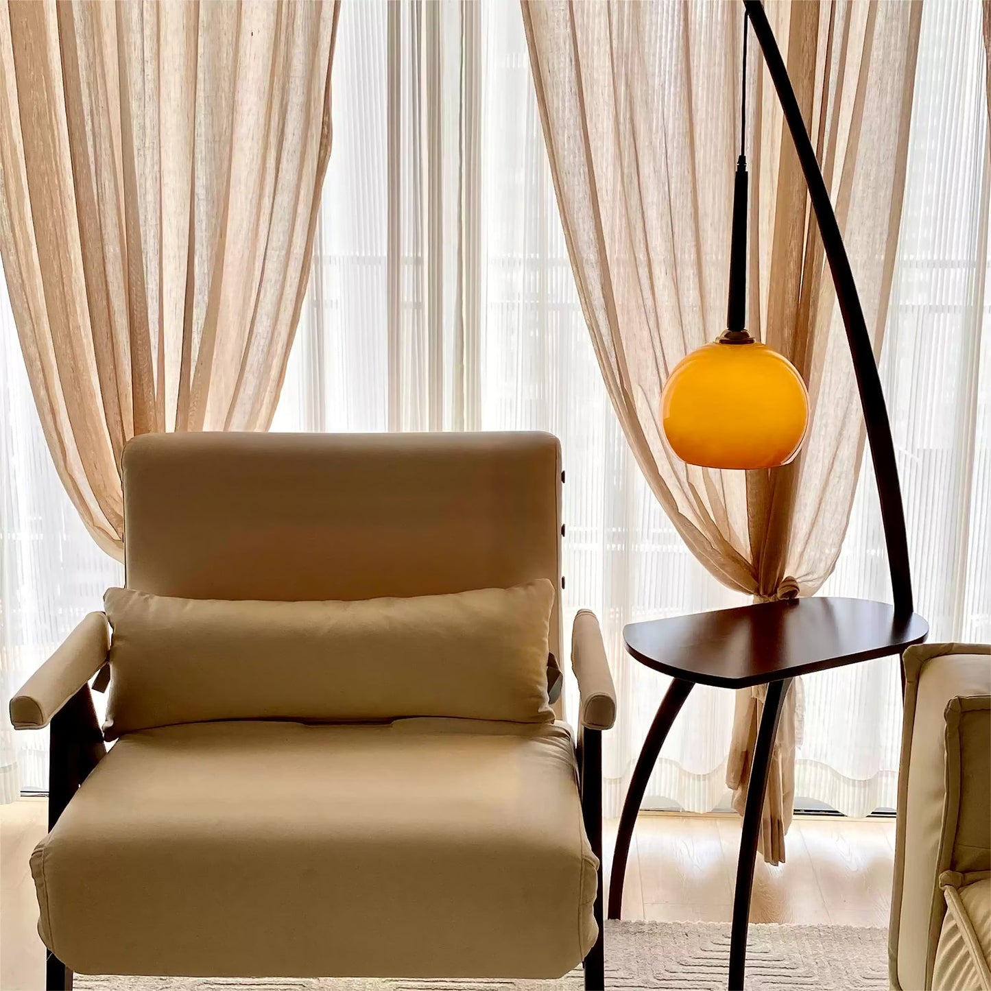 Arc Sphere Floor Lamp with Wooden Arc and Glass Globe
