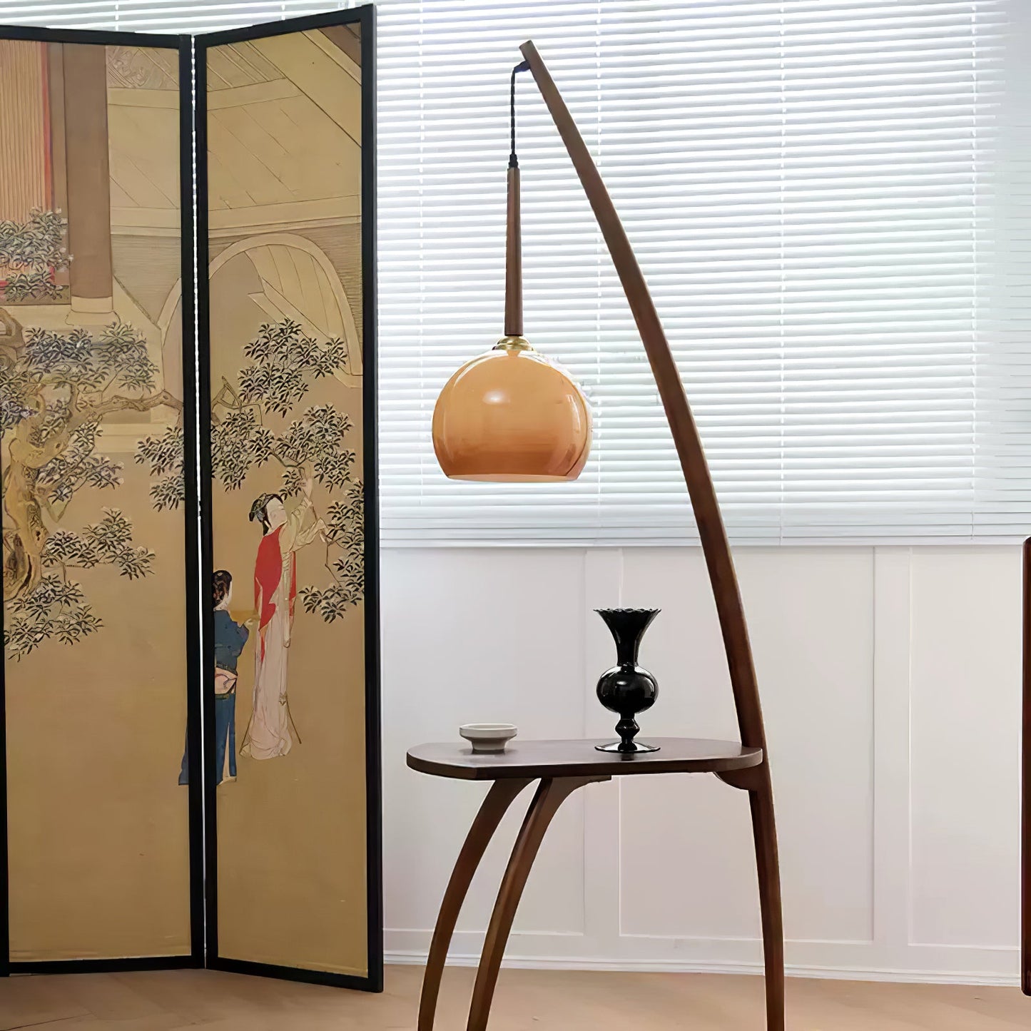 Arc Sphere Floor Lamp with Wooden Arc and Glass Globe