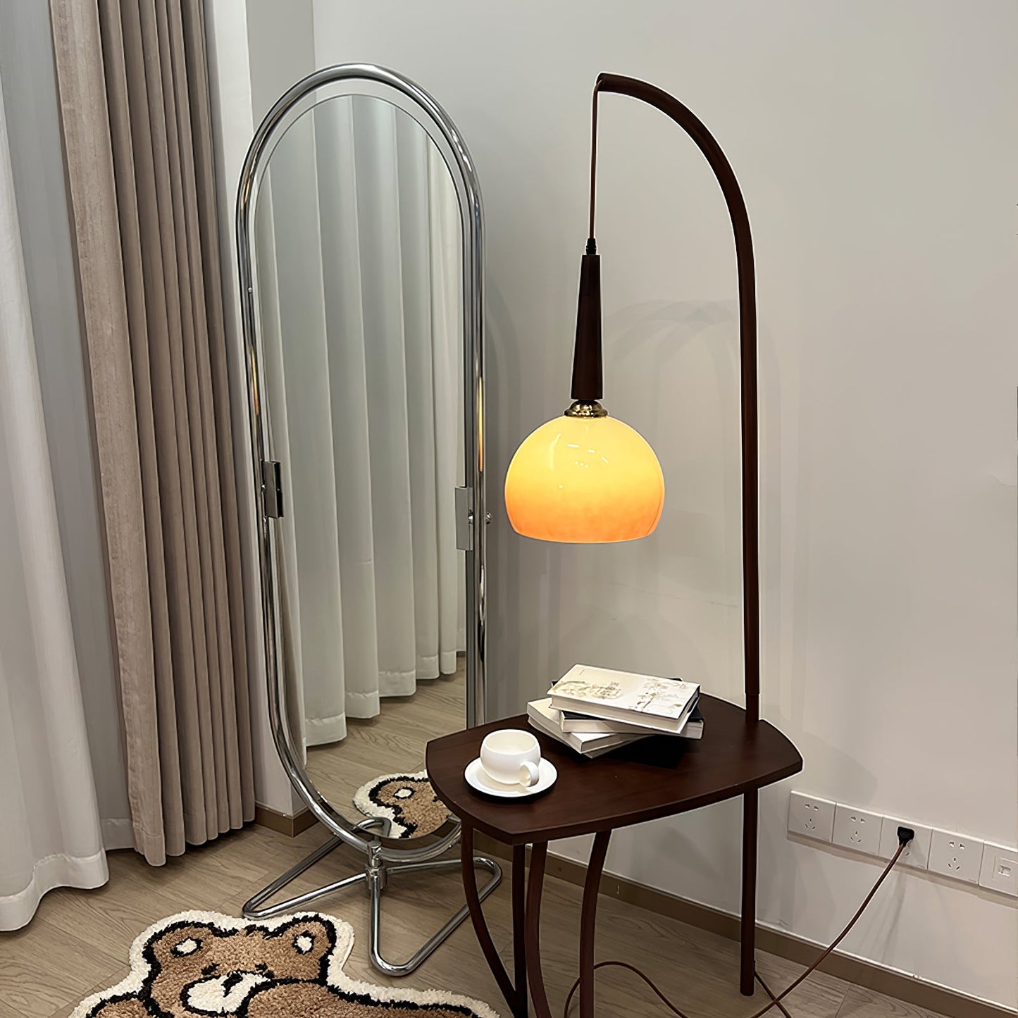 Arc Sphere Floor Lamp with Wooden Arc and Glass Globe