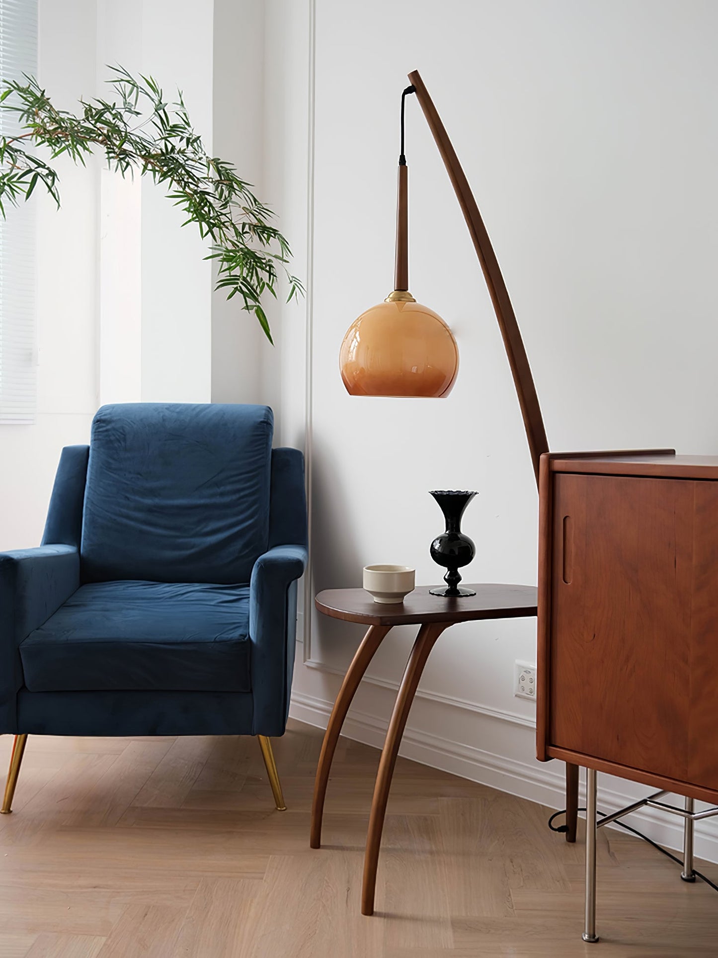 Arc Sphere Floor Lamp with Wooden Arc and Glass Globe
