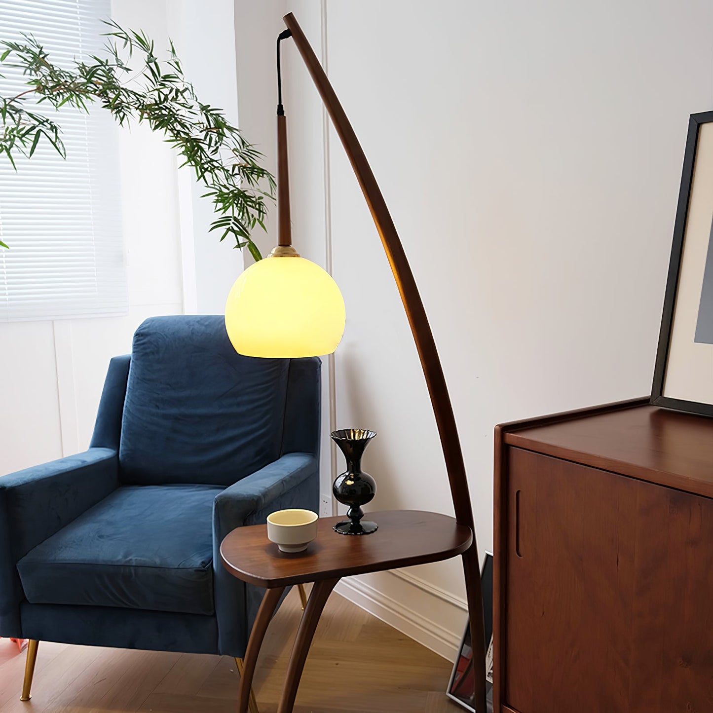Arc Sphere Floor Lamp with Wooden Arc and Glass Globe