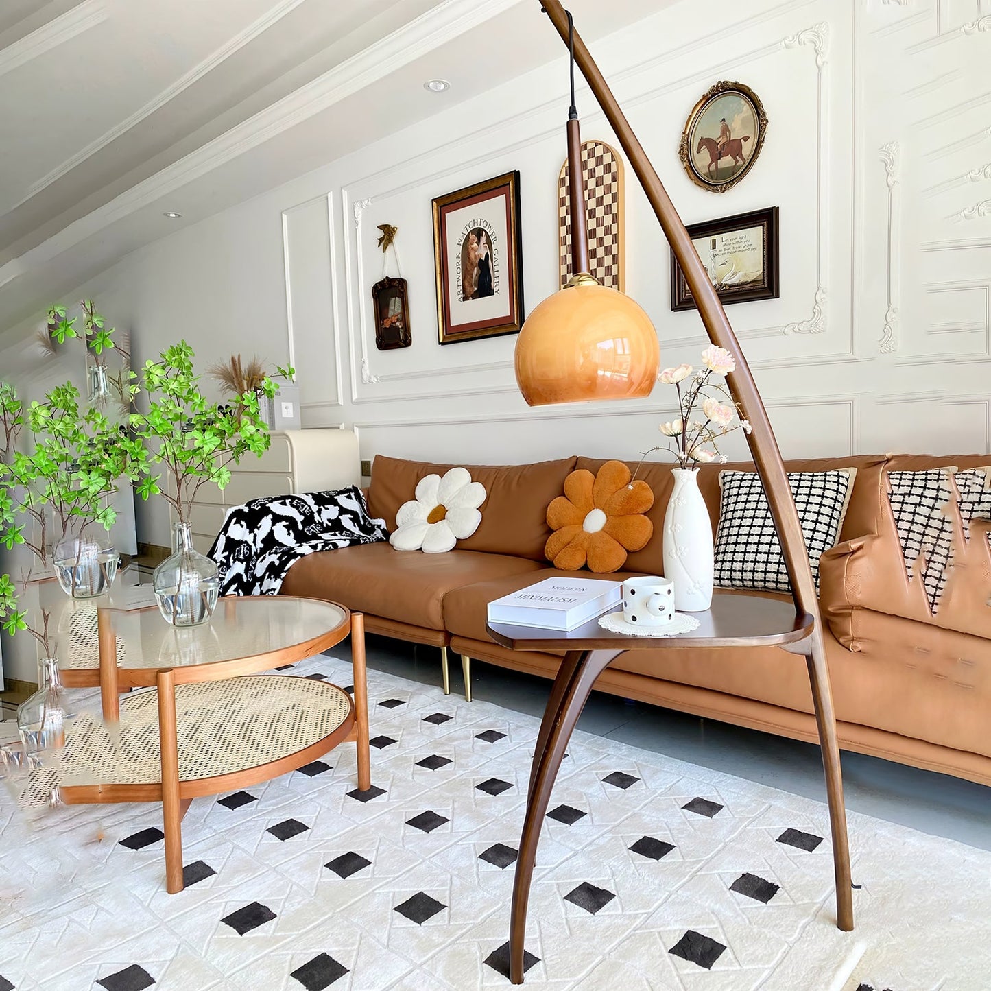 Arc Sphere Floor Lamp with Wooden Arc and Glass Globe