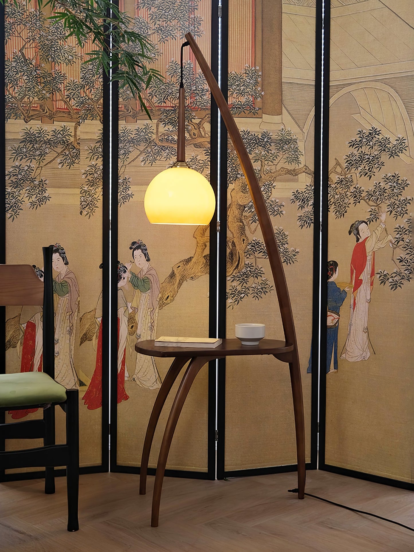 Arc Sphere Floor Lamp with Wooden Arc and Glass Globe