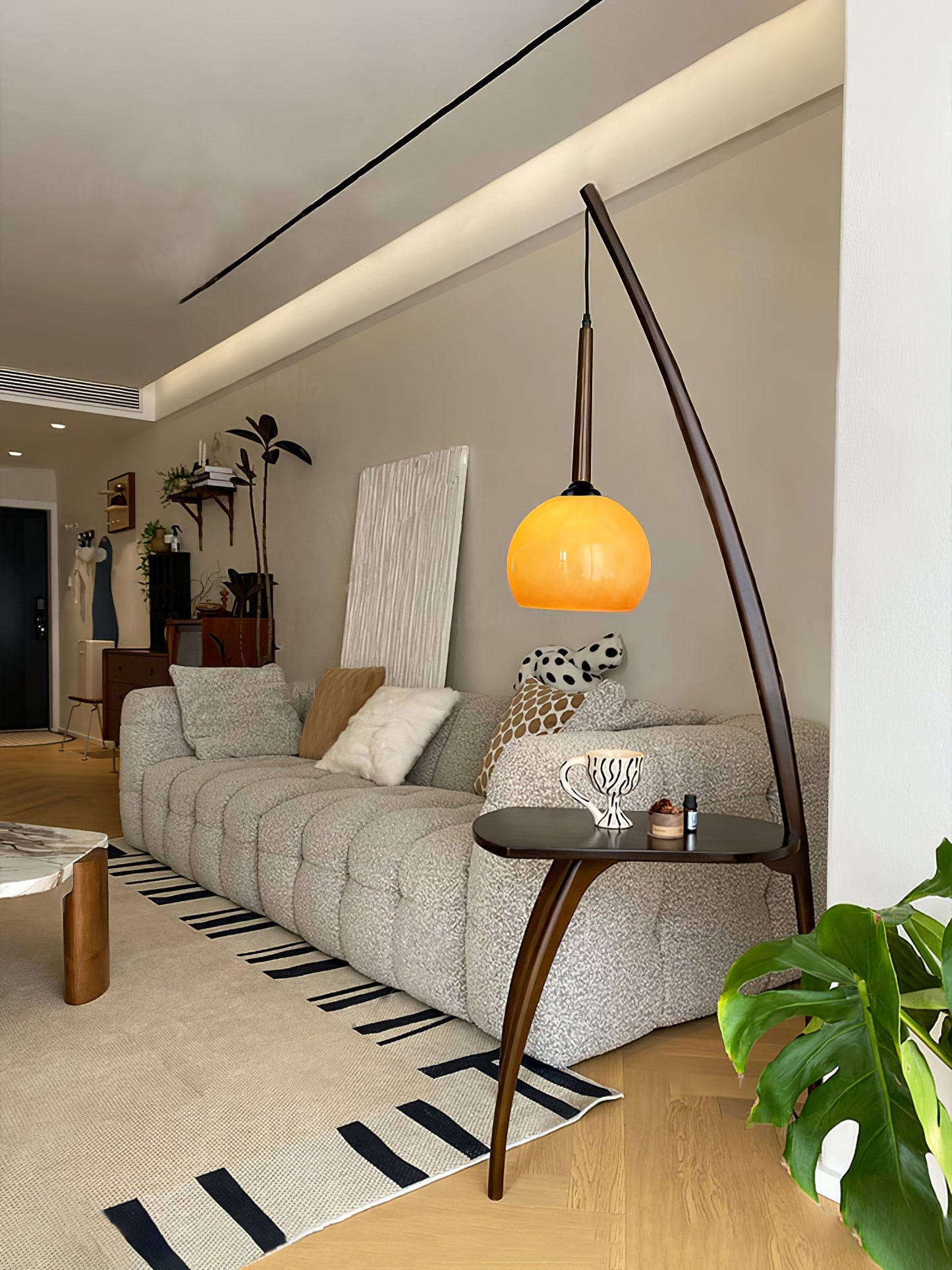 Arc Sphere Floor Lamp with Wooden Arc and Glass Globe
