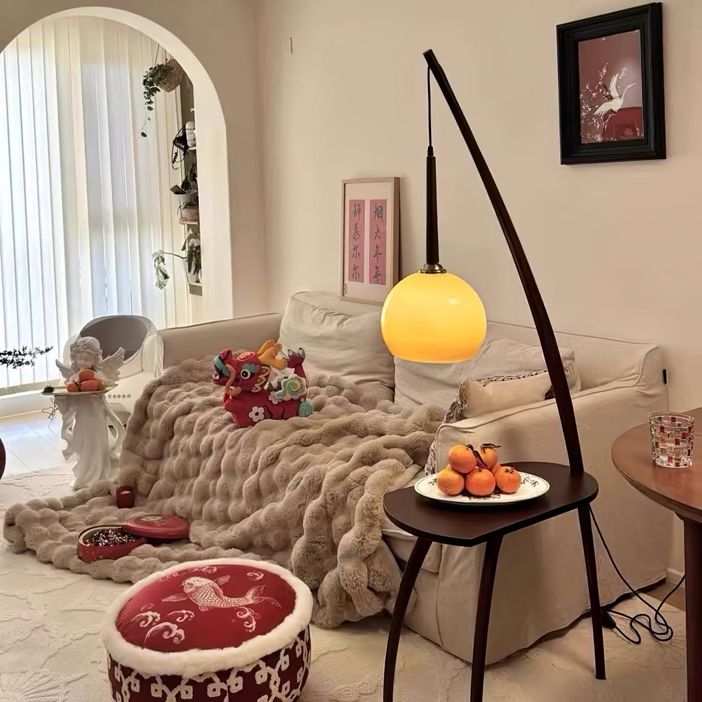 Arc Sphere Floor Lamp with Wooden Arc and Glass Globe