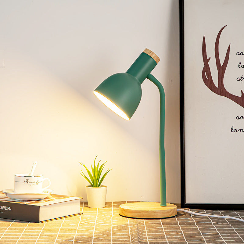 Modern Minimalist Round Horn Shape Iron Shade Wood Base 1-Light Table Lamp for Bedroom