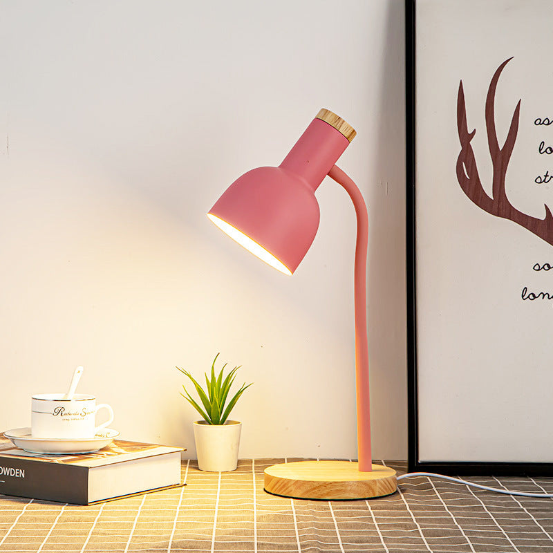 Modern Minimalist Round Horn Shape Iron Shade Wood Base 1-Light Table Lamp for Bedroom