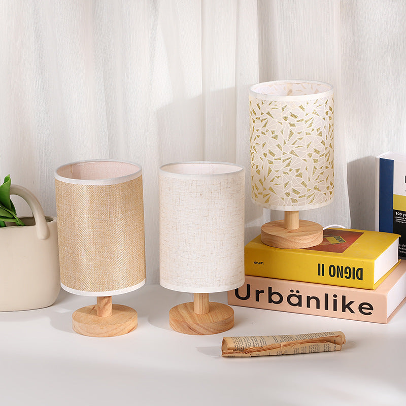 Modern Art Deco Cylindrical Wood Base Fabric Shade LED Table Lamp for Bedroom