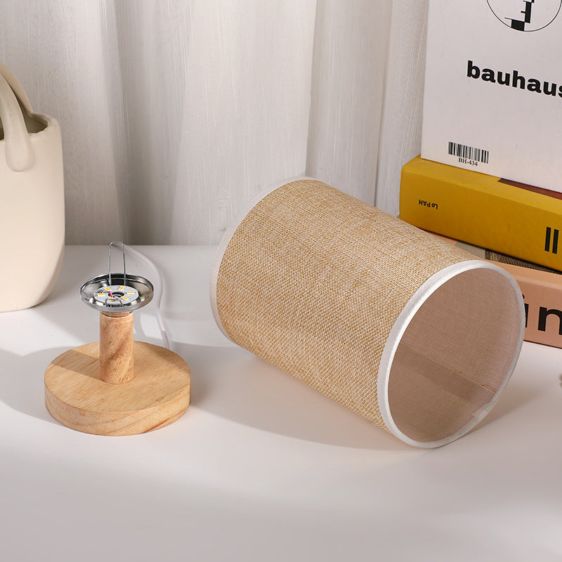 Modern Art Deco Cylindrical Wood Base Fabric Shade LED Table Lamp for Bedroom