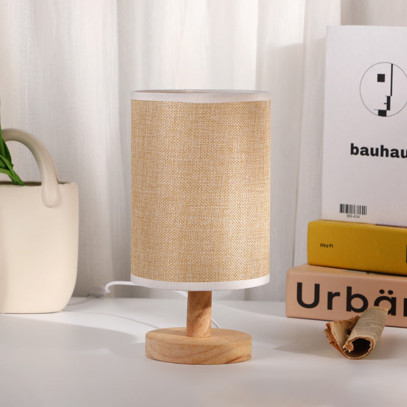 Modern Art Deco Cylindrical Wood Base Fabric Shade LED Table Lamp for Bedroom