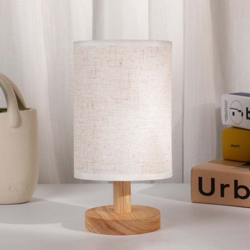 Modern Art Deco Cylindrical Wood Base Fabric Shade LED Table Lamp for Bedroom