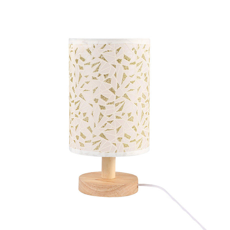 Modern Art Deco Cylindrical Wood Base Fabric Shade LED Table Lamp for Bedroom