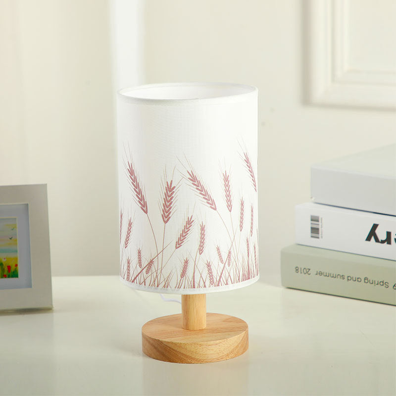 Modern Art Deco Cylindrical Wood Base Fabric Shade LED Table Lamp for Bedroom