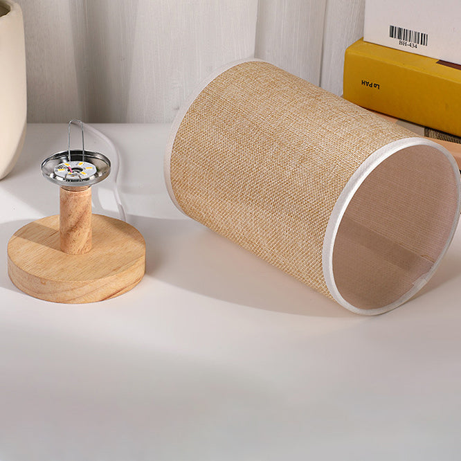Modern Art Deco Cylindrical Wood Base Fabric Shade LED Table Lamp for Bedroom