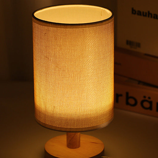 Modern Art Deco Cylindrical Wood Base Fabric Shade LED Table Lamp for Bedroom