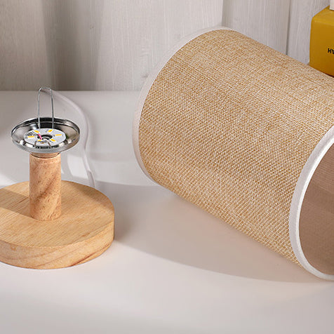 Modern Art Deco Cylindrical Wood Base Fabric Shade LED Table Lamp for Bedroom