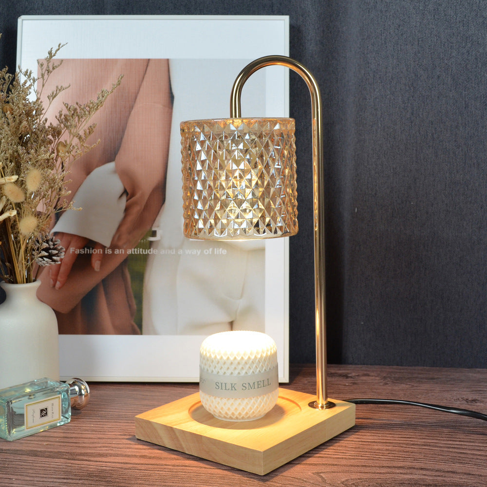 Contemporary Creative Square Wooden Base Cylinder Glass Shade Iron 1-Light Aromatherapy Wax Melt Table Lamp for Bedroom