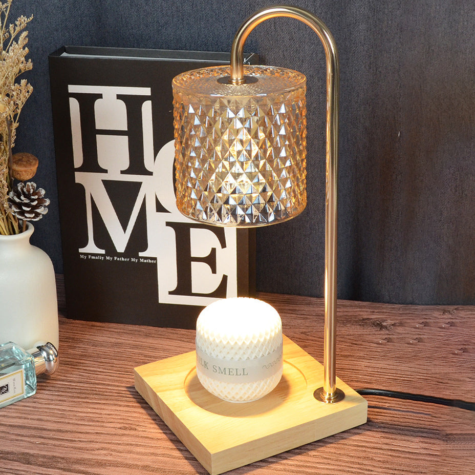 Contemporary Creative Square Wooden Base Cylinder Glass Shade Iron 1-Light Aromatherapy Wax Melt Table Lamp for Bedroom