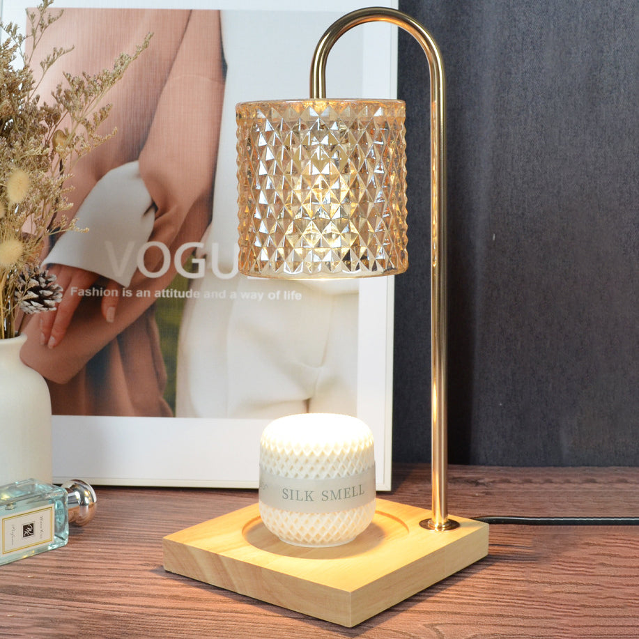 Contemporary Creative Square Wooden Base Cylinder Glass Shade Iron 1-Light Aromatherapy Wax Melt Table Lamp for Bedroom