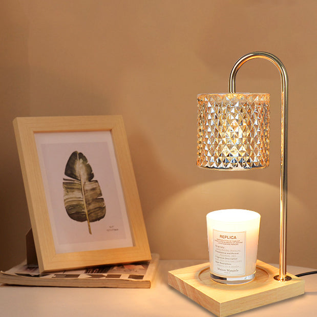 Contemporary Creative Square Wooden Base Cylinder Glass Shade Iron 1-Light Aromatherapy Wax Melt Table Lamp for Bedroom