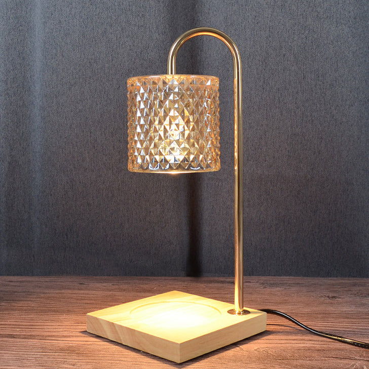 Contemporary Creative Square Wooden Base Cylinder Glass Shade Iron 1-Light Aromatherapy Wax Melt Table Lamp for Bedroom