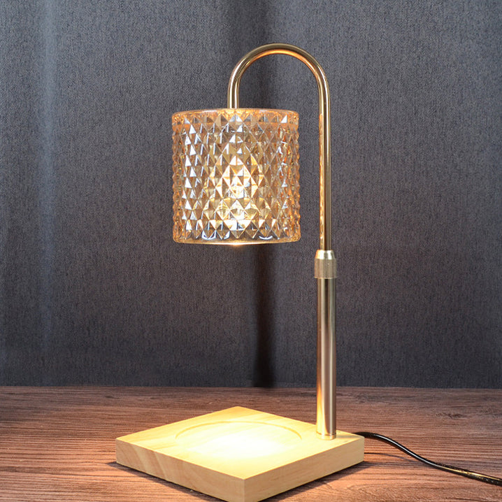 Contemporary Creative Square Wooden Base Cylinder Glass Shade Iron 1-Light Aromatherapy Wax Melt Table Lamp for Bedroom