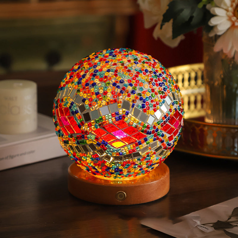 Contemporary Creative Bohemian Wooden Base Colourful Glass Ball USB LED Desk Lamp for Bedroom