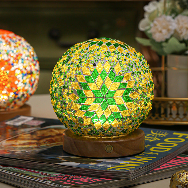 Contemporary Creative Bohemian Wooden Base Colourful Glass Ball USB LED Desk Lamp for Bedroom