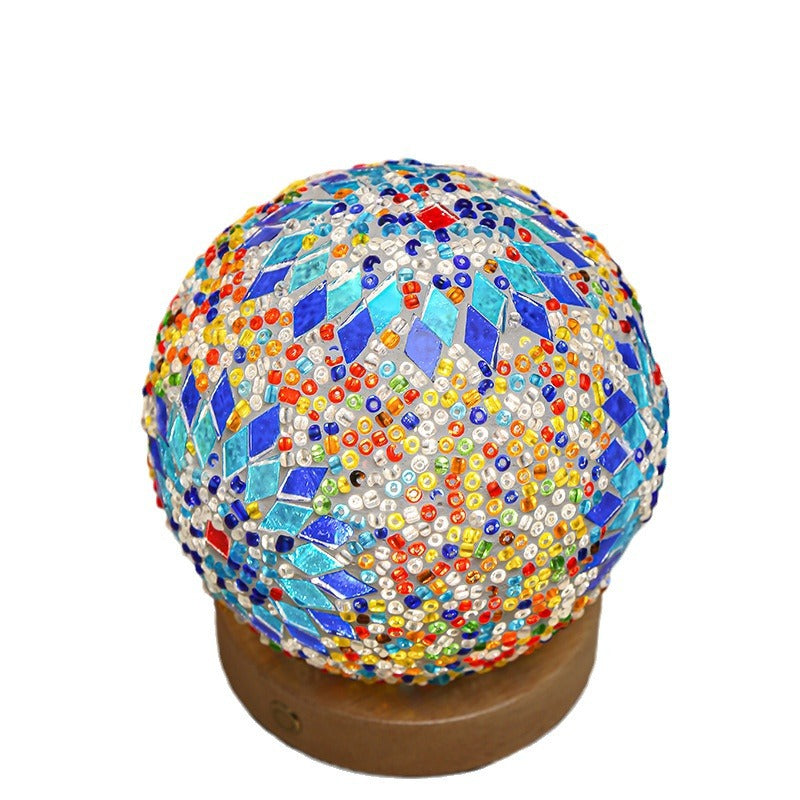 Contemporary Creative Bohemian Wooden Base Colourful Glass Ball USB LED Desk Lamp for Bedroom
