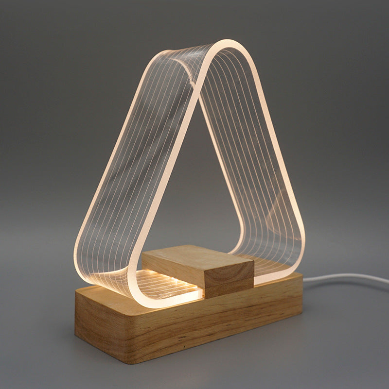 Contemporary Creative Rechargeable Wooden Rectangle Base Triangle Acrylic USB LED Table Lamp Night Light for Bedside