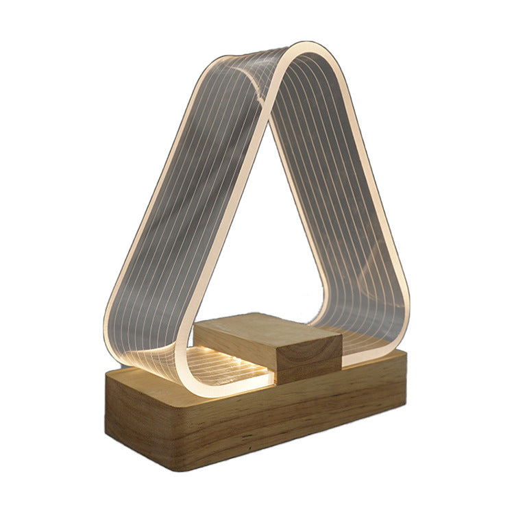 Contemporary Creative Rechargeable Wooden Rectangle Base Triangle Acrylic USB LED Table Lamp Night Light for Bedside