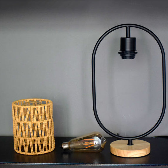 Traditional Vintage Hemp Rope Weaving Cage Wood Base 1-Light Table Lamp for Bedroom