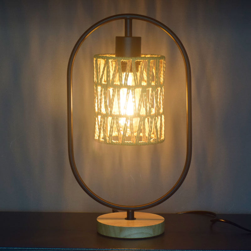 Traditional Vintage Hemp Rope Weaving Cage Wood Base 1-Light Table Lamp for Bedroom