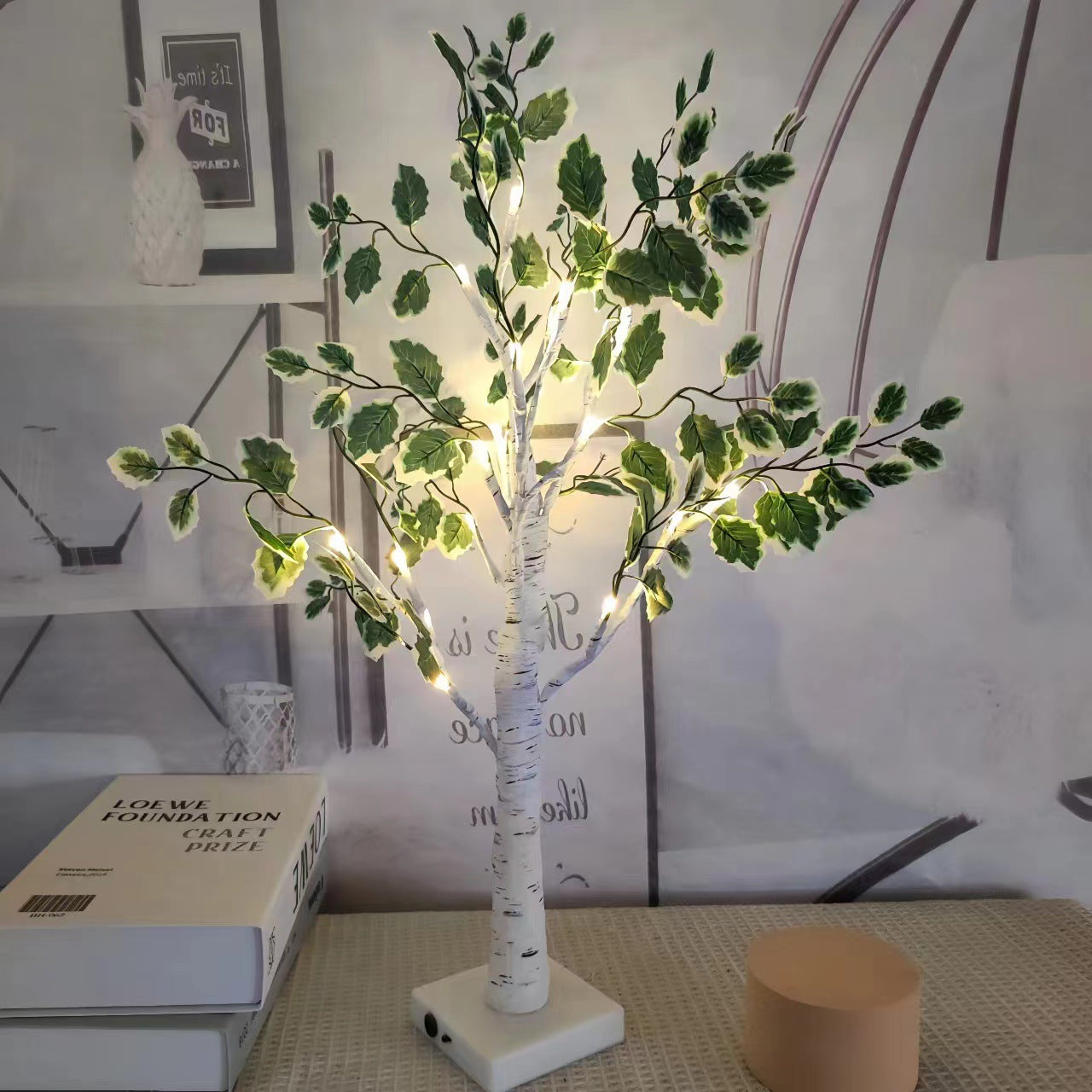 Contemporary Creative Plastic Fabric LED Birch Tree Table Lamp for Bedroom
