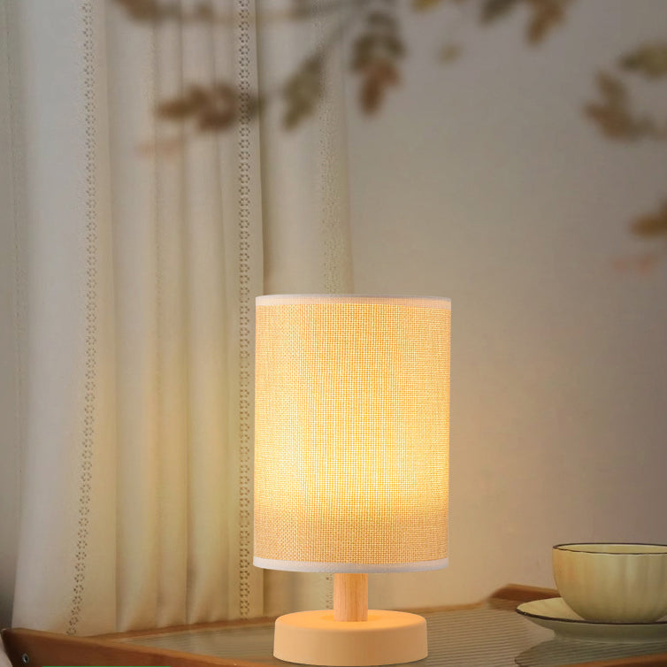 Contemporary Nordic Rechargeable PP Wood Fabric Cylinder Corn LED Table Lamp for Bedroom