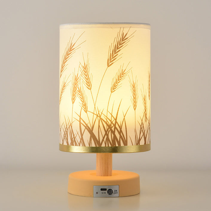 Contemporary Nordic Rechargeable PP Wood Fabric Cylinder Corn LED Table Lamp for Bedroom