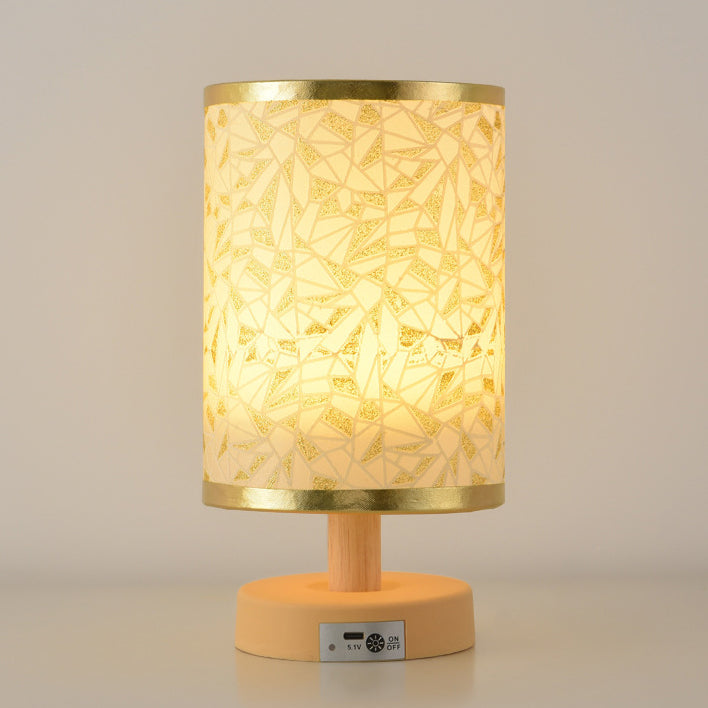 Contemporary Nordic Rechargeable PP Wood Fabric Cylinder Corn LED Table Lamp for Bedroom