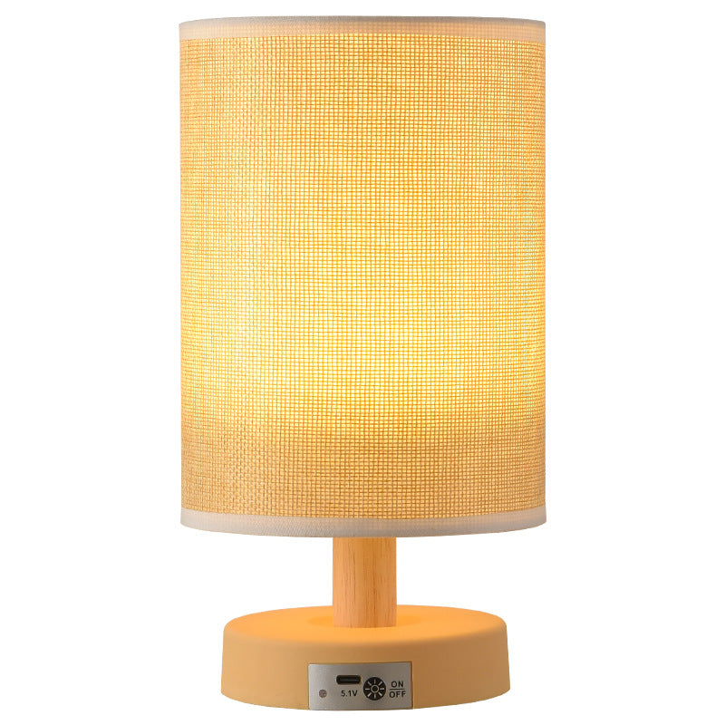 Contemporary Nordic Rechargeable PP Wood Fabric Cylinder Corn LED Table Lamp for Bedroom