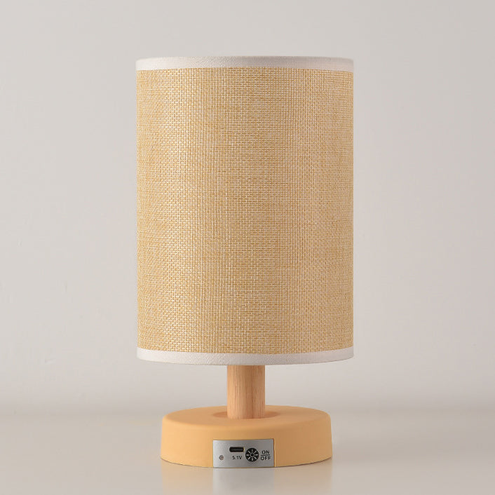 Contemporary Nordic Rechargeable PP Wood Fabric Cylinder Corn LED Table Lamp for Bedroom