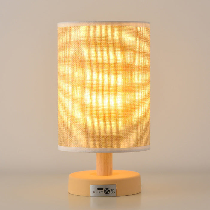 Contemporary Nordic Rechargeable PP Wood Fabric Cylinder Corn LED Table Lamp for Bedroom