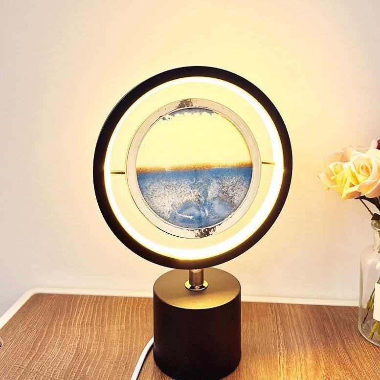 Contemporary Creative Iron Glass Round Sand Painting USB LED Table Lamp for Bedroom