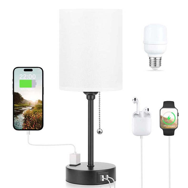 Modern Simplicity Fabric Iron Cylinder USB Rechargeable 1-Light Table Lamp for Bedside