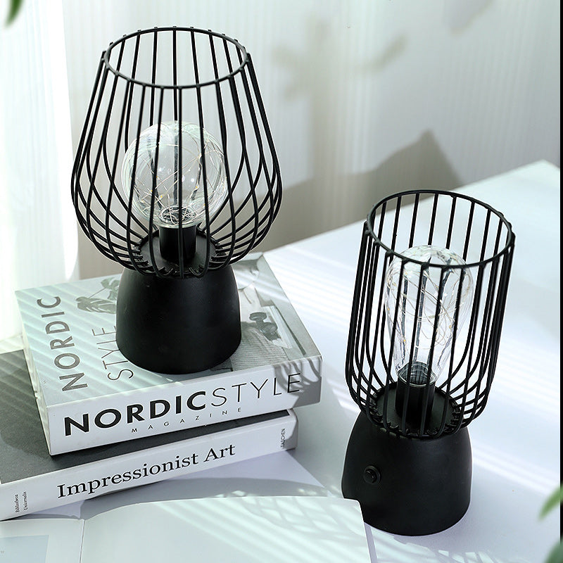 Contemporary Nordic Iron Copper Wire Cylinder Cage Battery LED Table Lamp for Bedside
