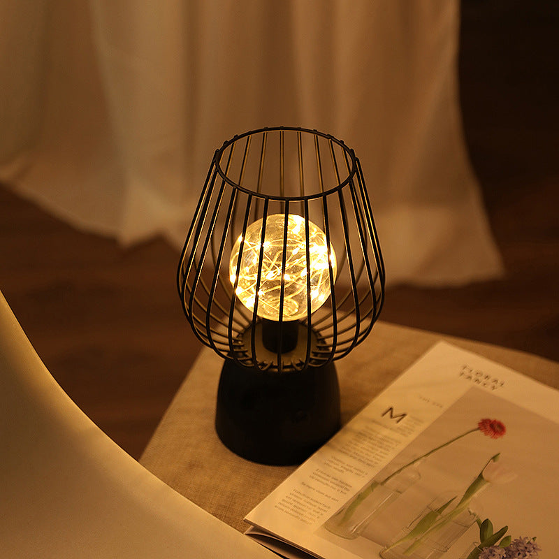 Contemporary Nordic Iron Copper Wire Cylinder Cage Battery LED Table Lamp for Bedside