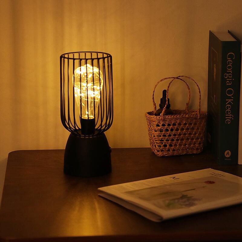 Contemporary Nordic Iron Copper Wire Cylinder Cage Battery LED Table Lamp for Bedside