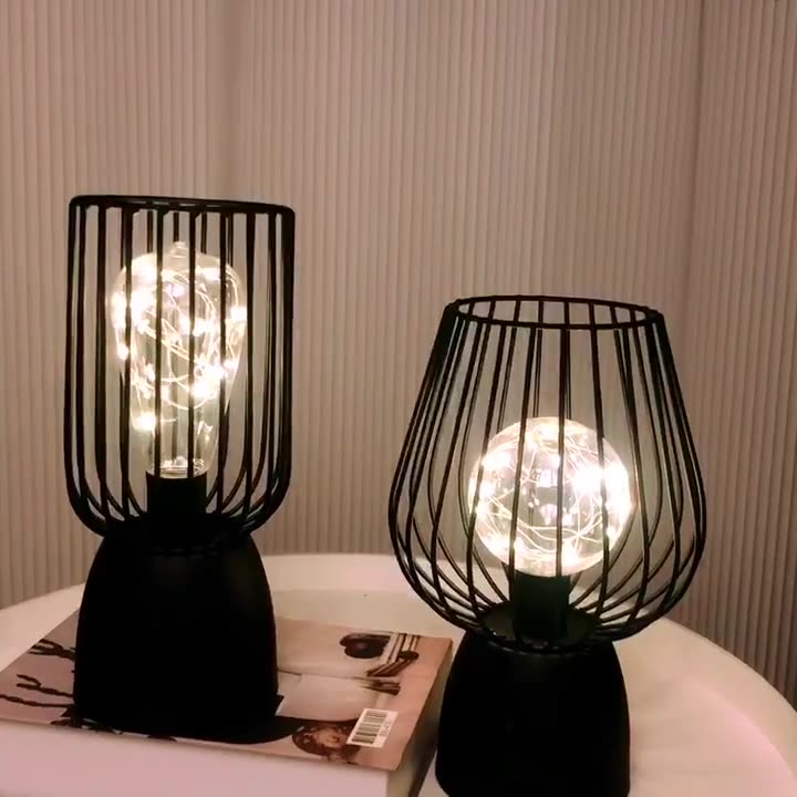 Contemporary Nordic Iron Copper Wire Cylinder Cage Battery LED Table Lamp for Bedside